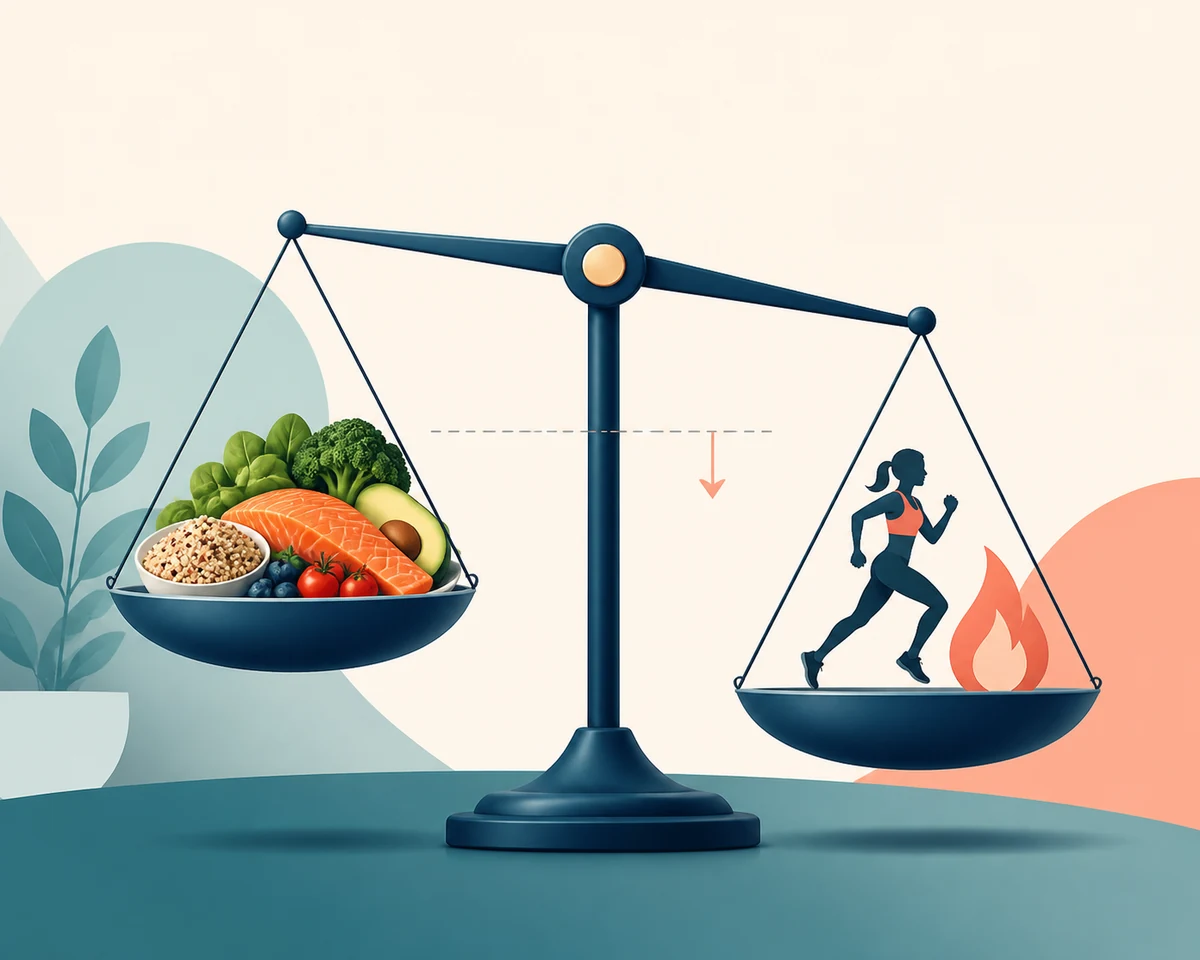 Editorial illustration of a balanced calorie scale with food intake and daily energy use