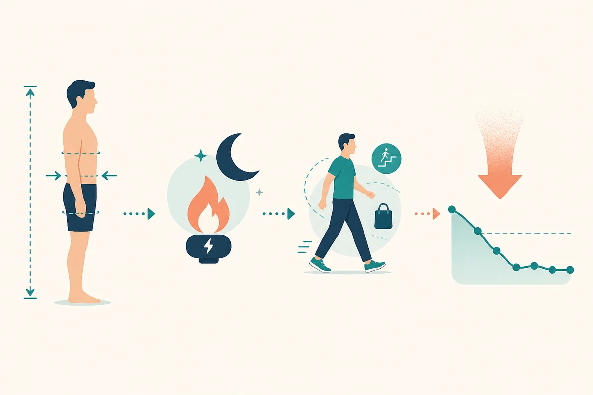 Editorial step flow from body measurements and resting energy to activity and a weight trend