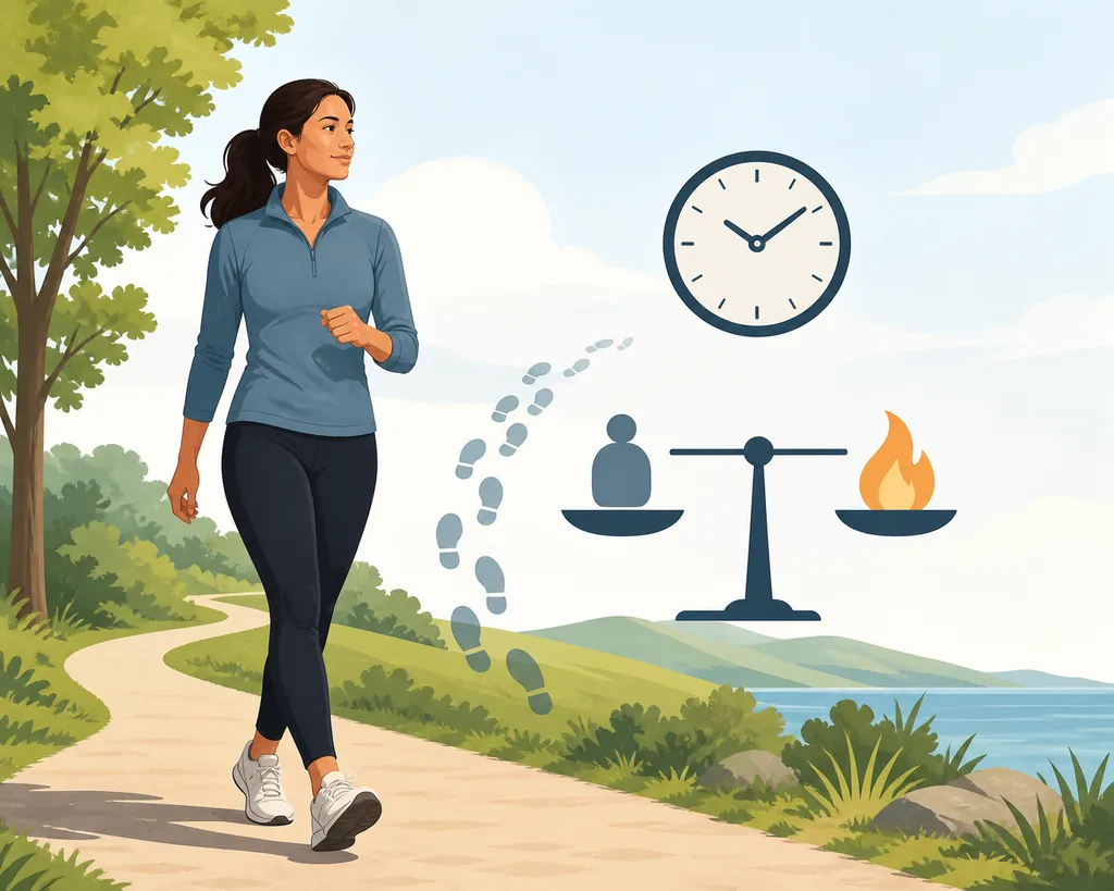 Editorial illustration of a person walking beside a clock, footsteps, and an energy scale