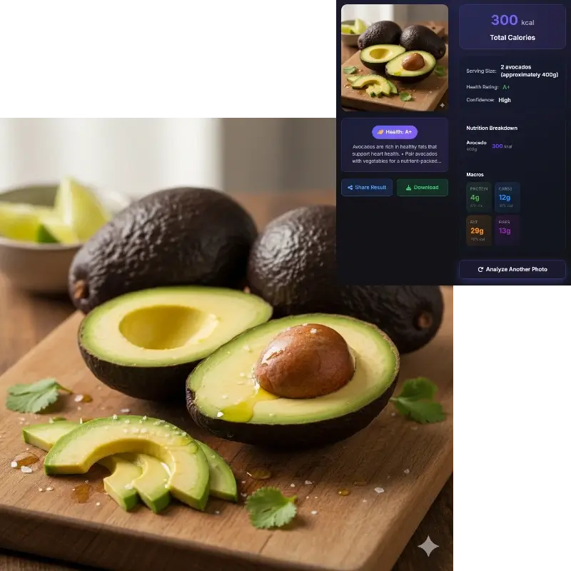AI calorie counter analyzing avocado - 240 kcal with detailed macro nutrients breakdown
