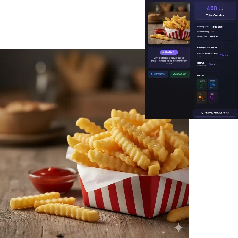 AI calorie calculator analyzing crispy fries - 380 kcal instant calorie count
