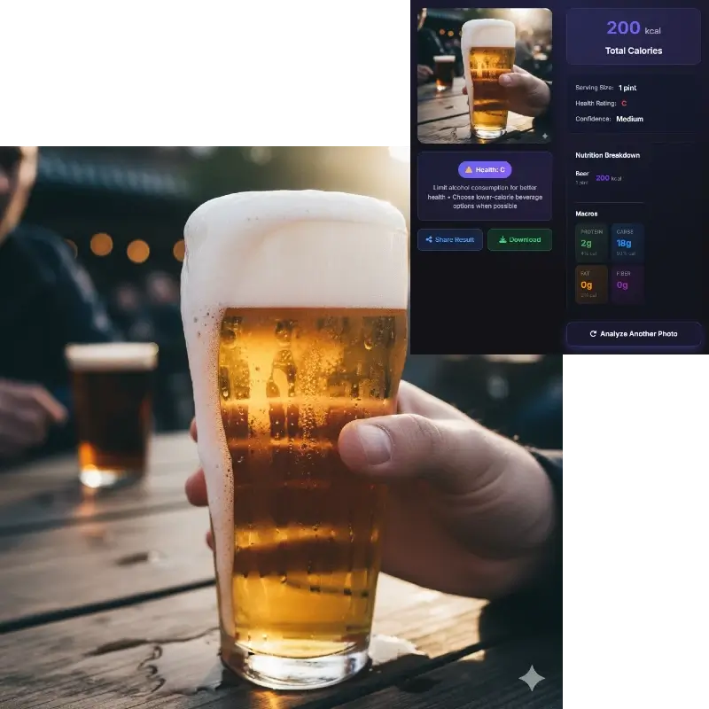 AI calorie tracker analyzing draft beer - 220 kcal free beverage analysis