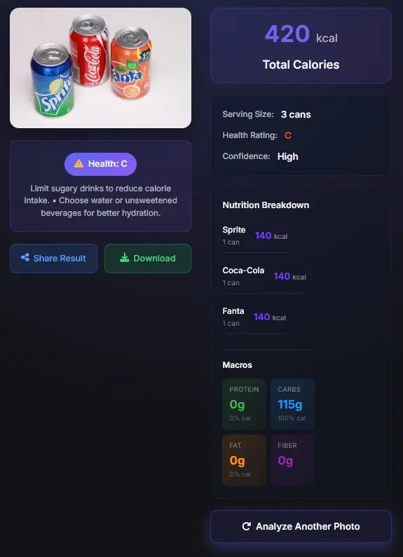 AI calorie counter analyzing soft drinks - 420 kcal beverage with sugar content analysis