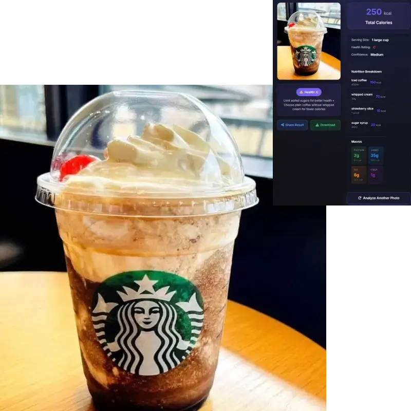 AI food tracker recognizing Starbucks Frappuccino - 400 kcal brand recognition